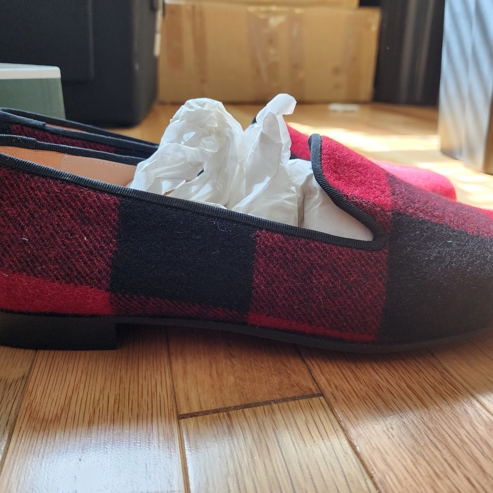 Stubbs & Wootton Red and Black Plaid Wool Slip-On Loafers - Picture 2 of 8